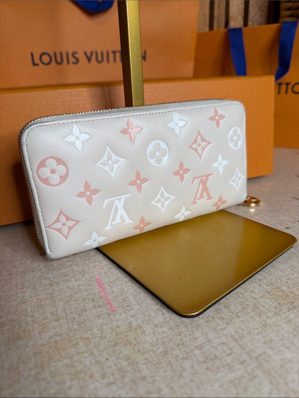 Louis Vuitton Cream & Pink Monogram Zip Wallet